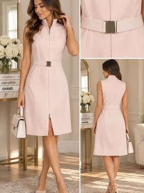Tommy Hilfiger Blush Pink Sleeveless Zip-Front Belted A-Line Dress